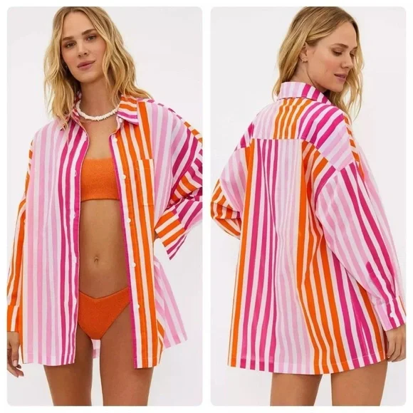 Beach Riot Shirt Alex Top Sunset Stripes Button Down Swim Cover Up Size L Petite - Picture 1 of 5